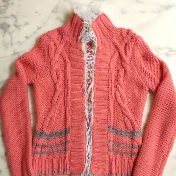 NWT. Free People Multi color/knitted pattern cardigan sweater with faux fur trim - Picture 3 of 8